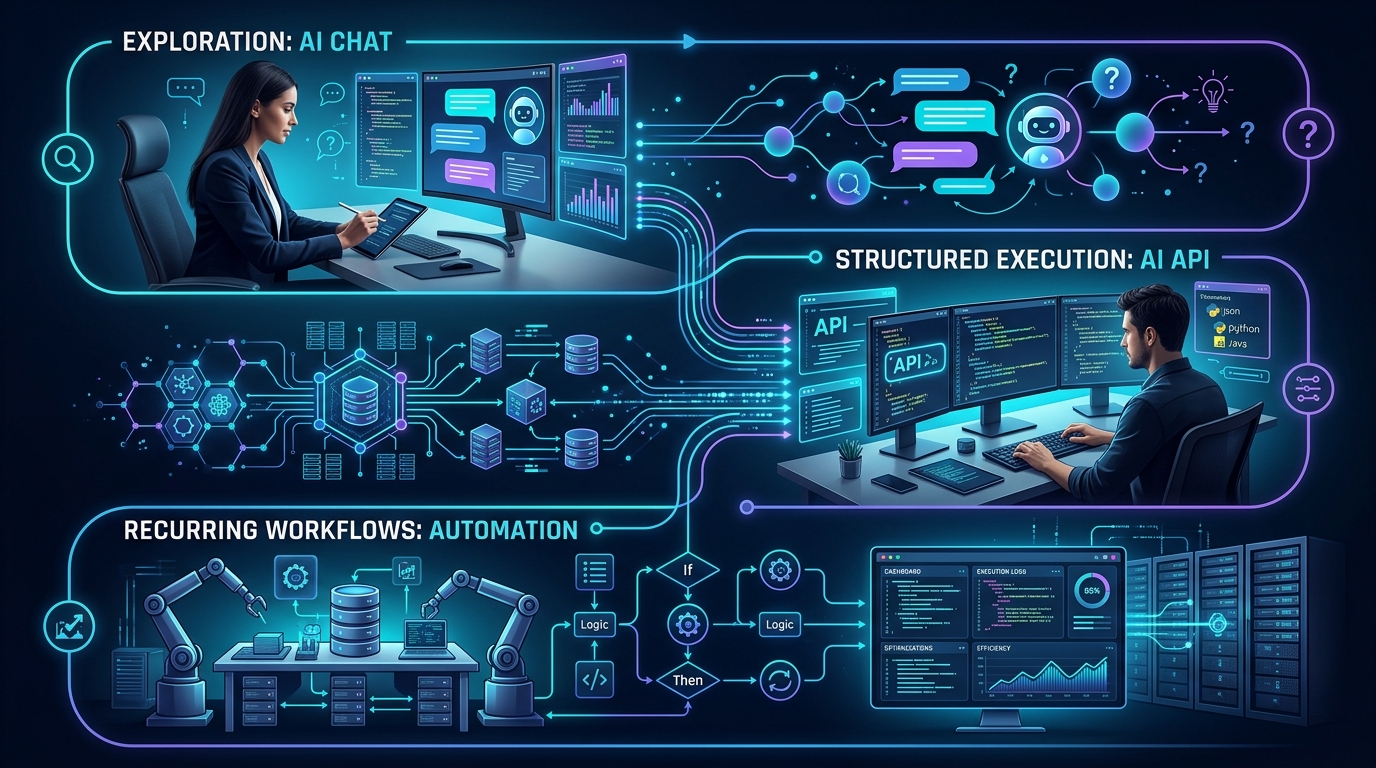 Cuándo Usar Chat, Cuándo Usar API y Cuándo Automatizar: Una Guía Simple para Equipos que Trabajan con IA